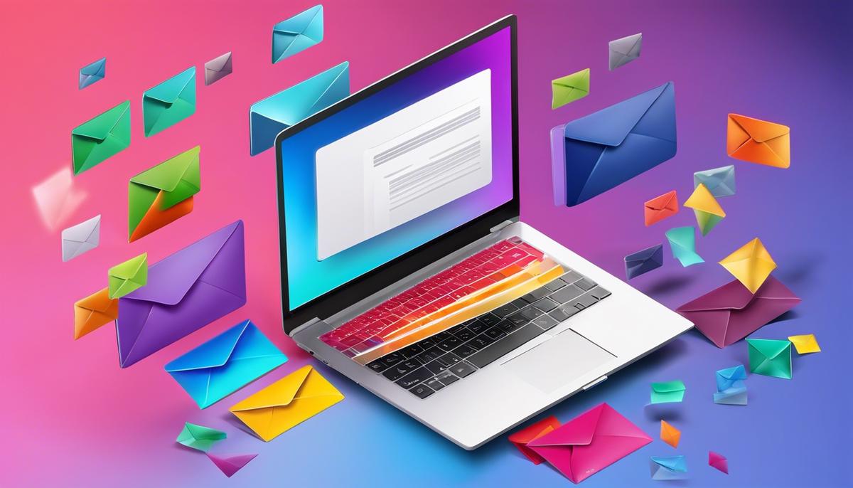 Imagem de um laptop com um fundo colorido, representando o email marketing