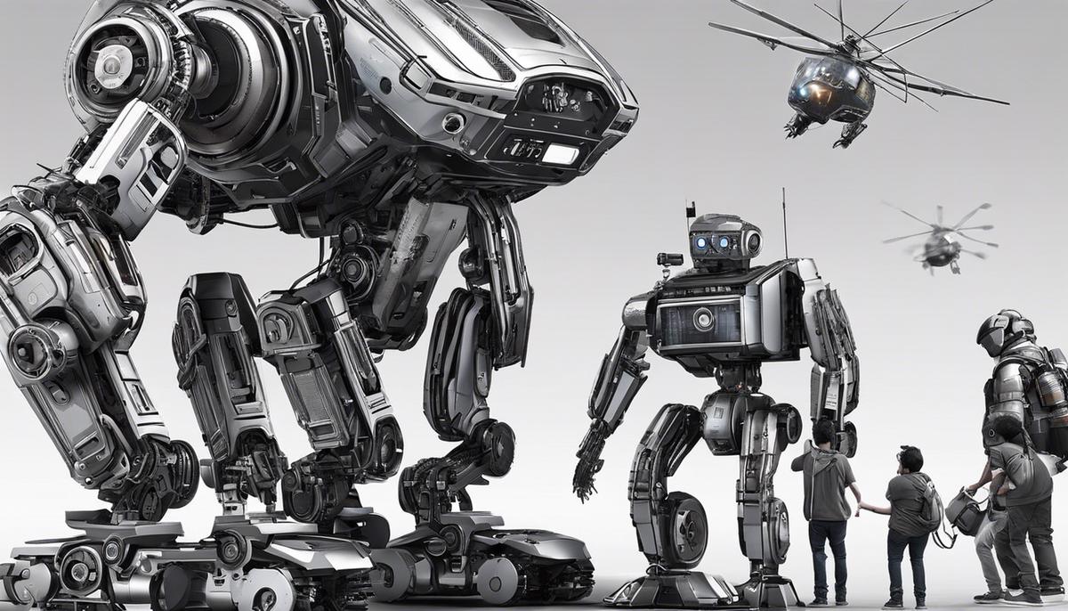 Ilustração de um mundo tecnológico com robôs e pessoas trabalhando juntos