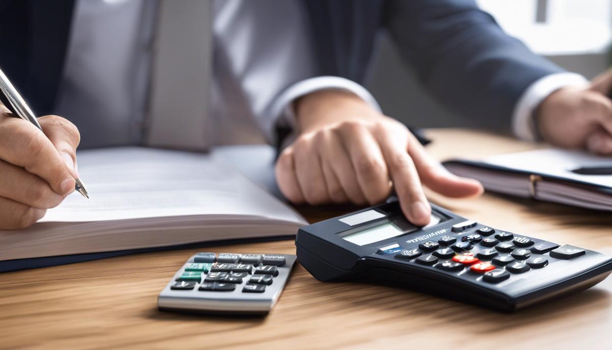 Imagem de uma calculadora, documentação fiscal e dinheiro para representar a inadimplência fiscal e a importância do controle financeiro