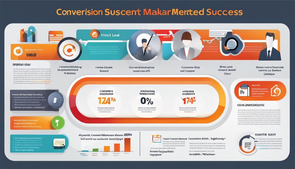An image depicting different indicators of inbound marketing success such as conversion rate, cost per lead, customer retention rate, email open rate, and social media response rate.