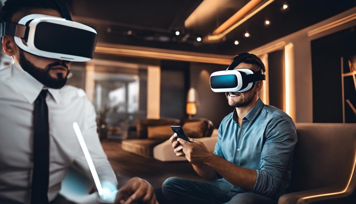 Imagem de pessoas utilizando óculos de realidade virtual para ilustrar o texto sobre a chegada da Realidade Virtual e da Realidade Aumentada no marketing digital